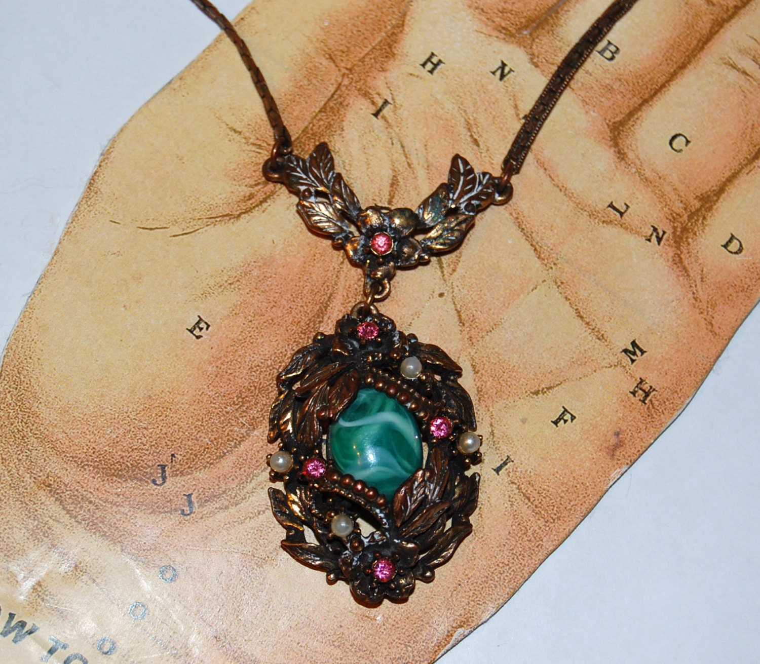Vintage 40s Victorian Revival Pink & Green Necklace