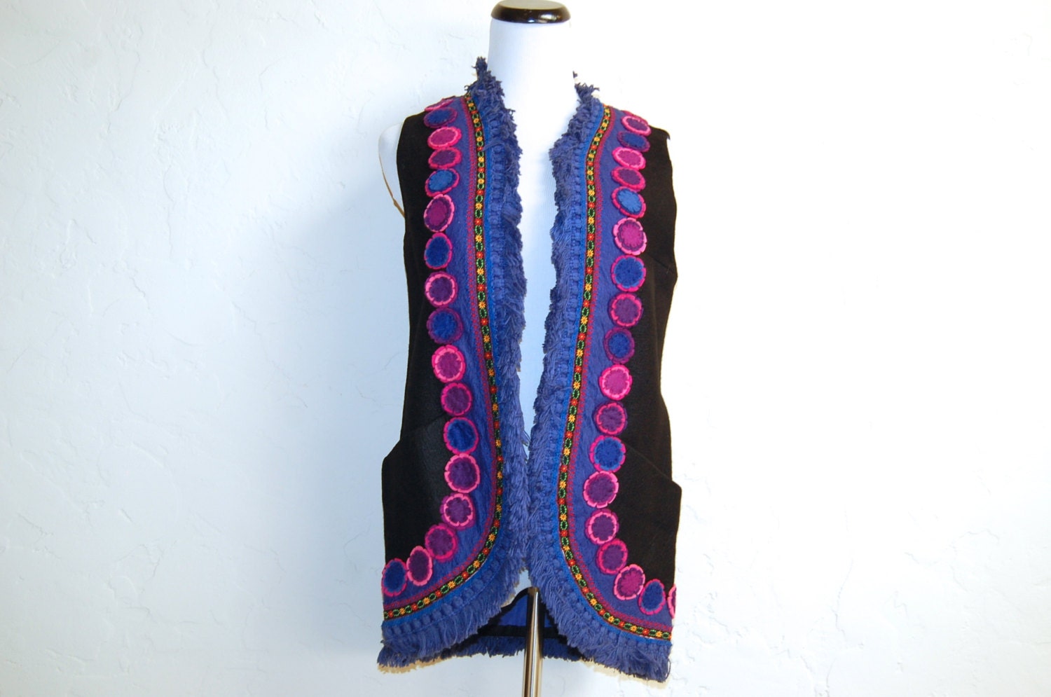Groovy Vintage 60s Embellished Hippie Felt Flower Vest