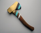 Gold, Aqua, Ivory & Orange Striped Painted Hatchet