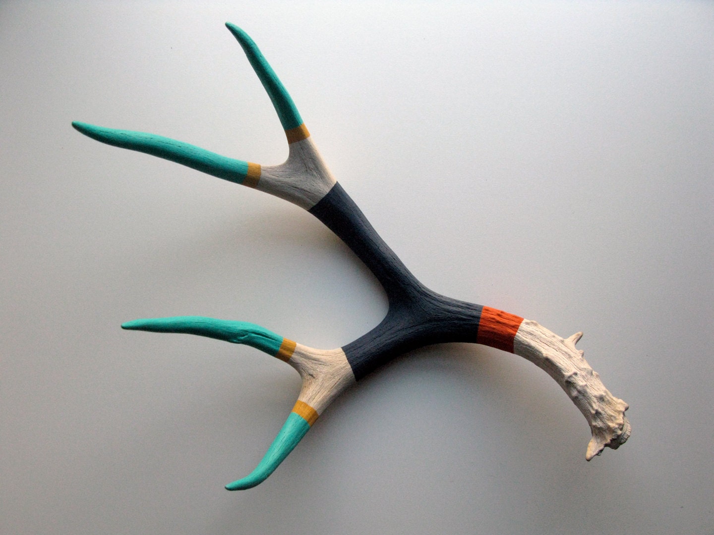 Turquoise, Mustard, Navy & Orange Striped Mule Deer Antler - Large