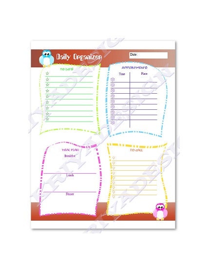 planner organizer, pdf printable file, daily planner organizer, to do list, INSTANT digital download, organize printable owl