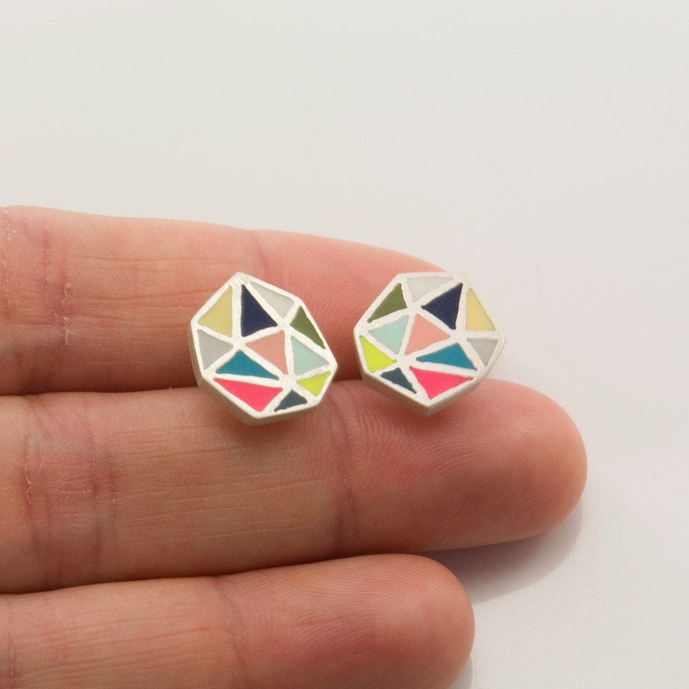POLIEDRA multicolor sterling silver and polymer clay post earrings