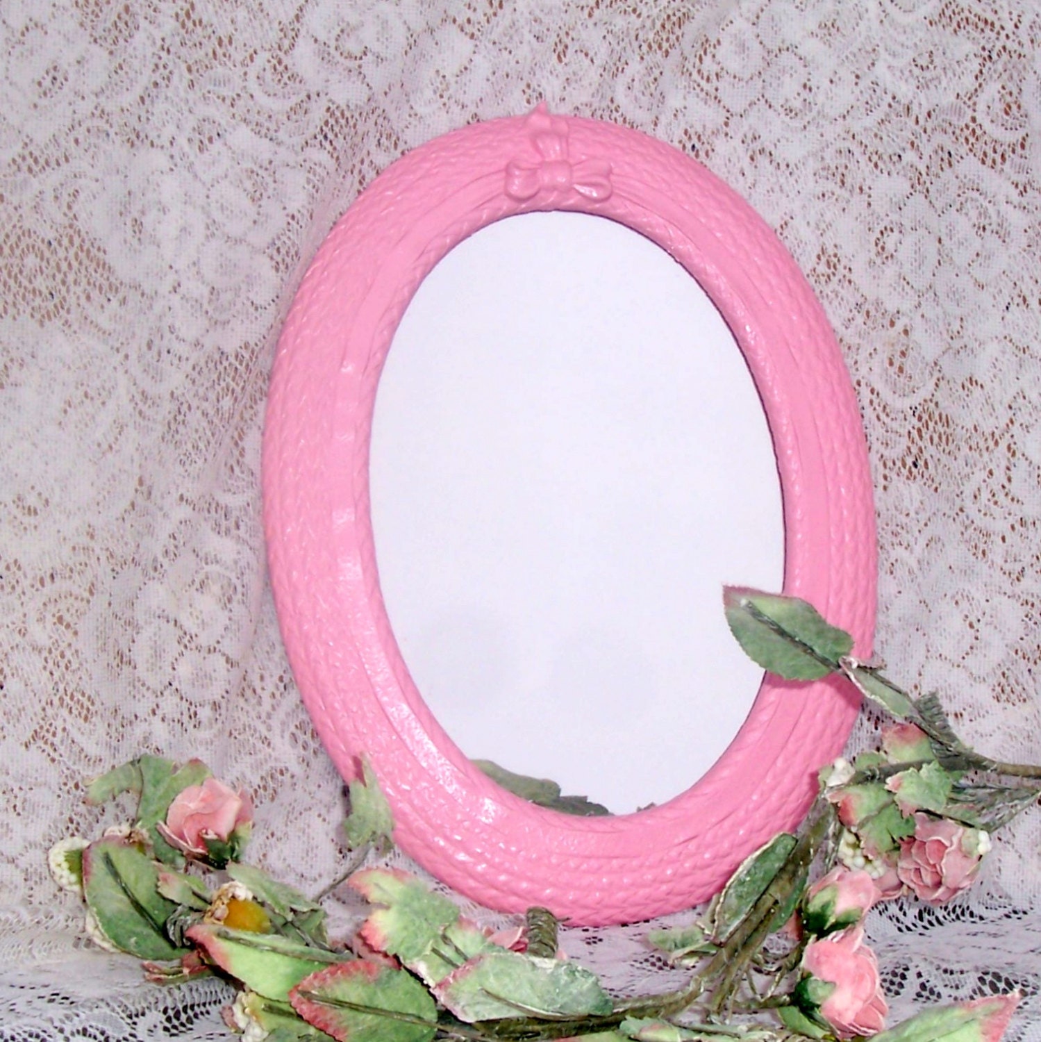 Mirror Vintage Wall Oval Wicker Look Mirror Weddings Shabby Chic Mirror Pink Mirror Beachy Cottage Chic Romantic Decor Girly Girl Syroco