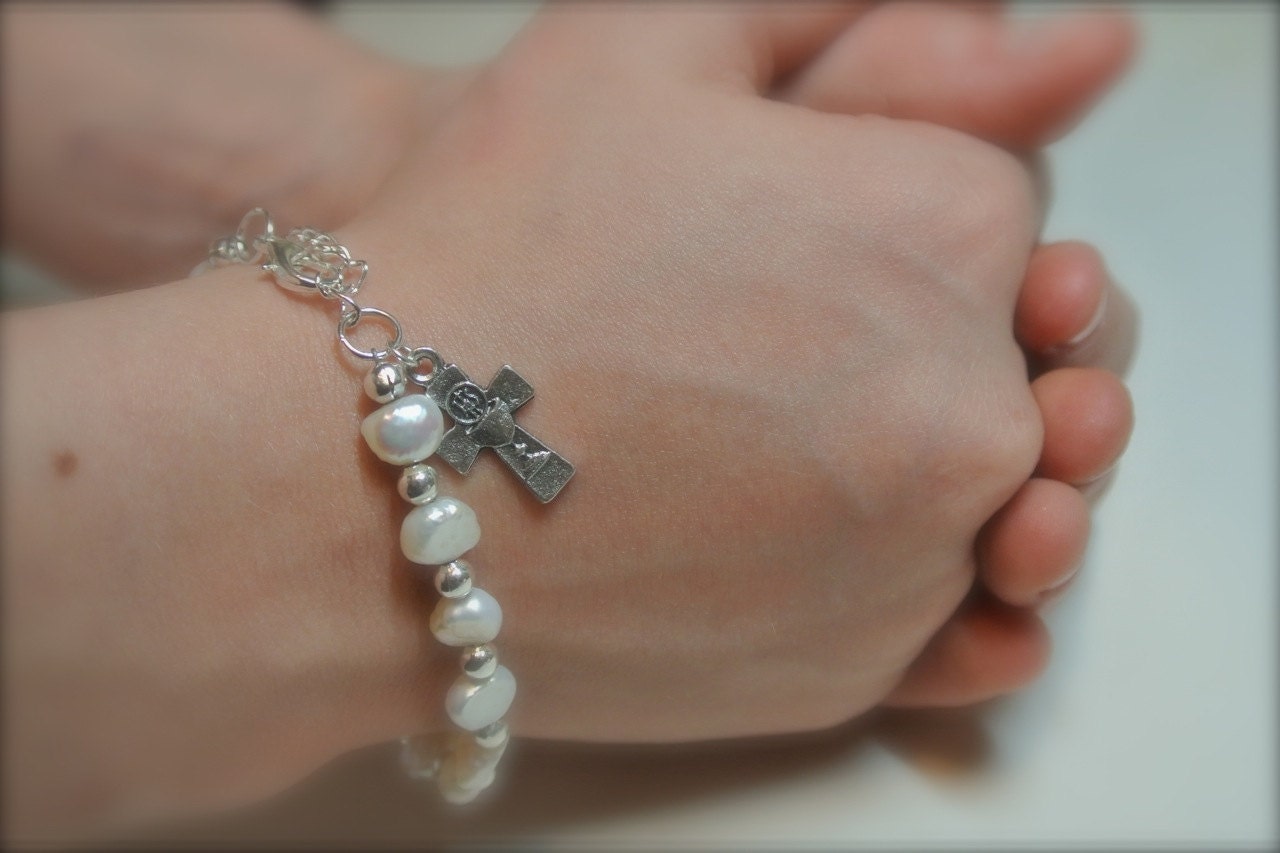 First Communion Pearl Bracelet with chalice cross charm