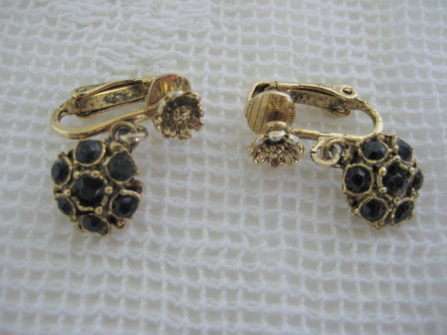 Vintage Earrings Black Crystal Gold Tone Aged Patina