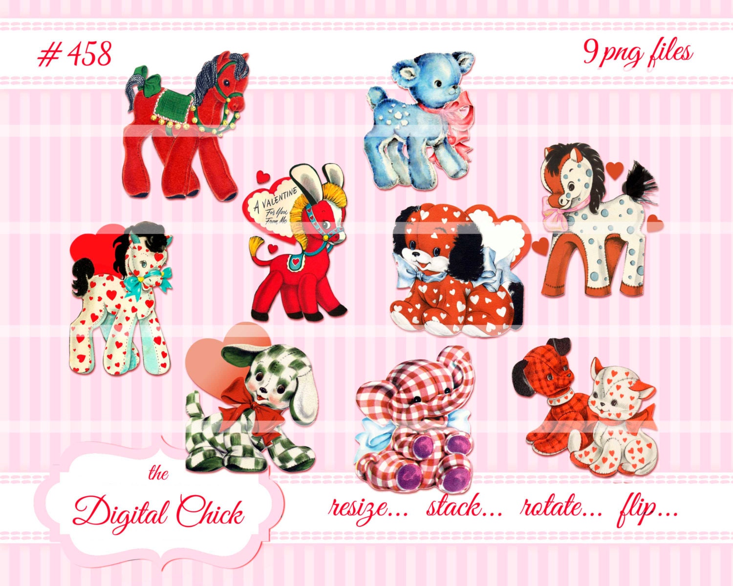 Vintage Valentine Stuffed Animals Deer Elephant Puppy Kitten Donkey Horses Images--clip art--clipart--9 PNG files  458