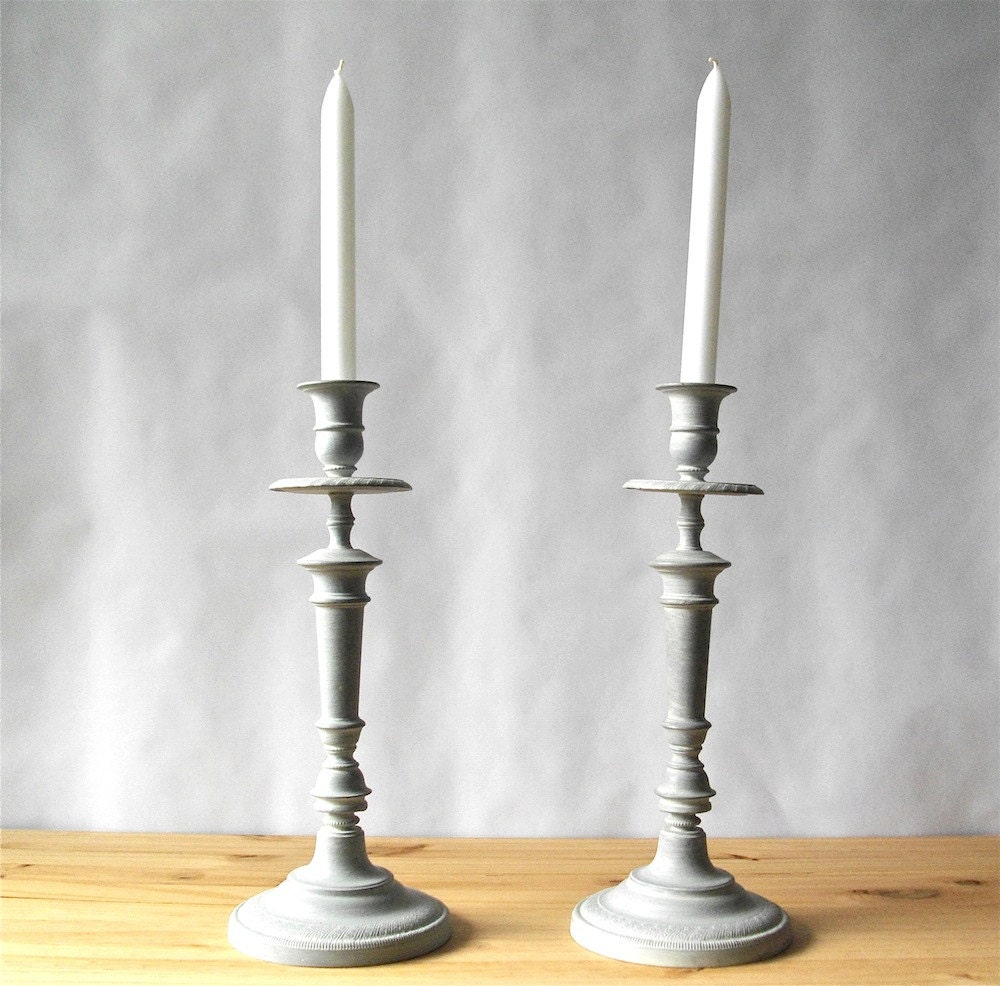 Vintage French pair of bronze candle holders painted gray with distressed finish to make a pair of lamp
