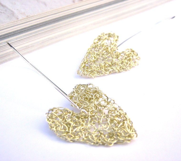 Golden Dangle Earrings, Wire Knit Heart Earrings