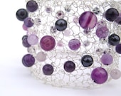 Violet Bracelet. Knitted Wire Stone Bracelet, Violet Agate, Amethyst and Swarovski Pearls
