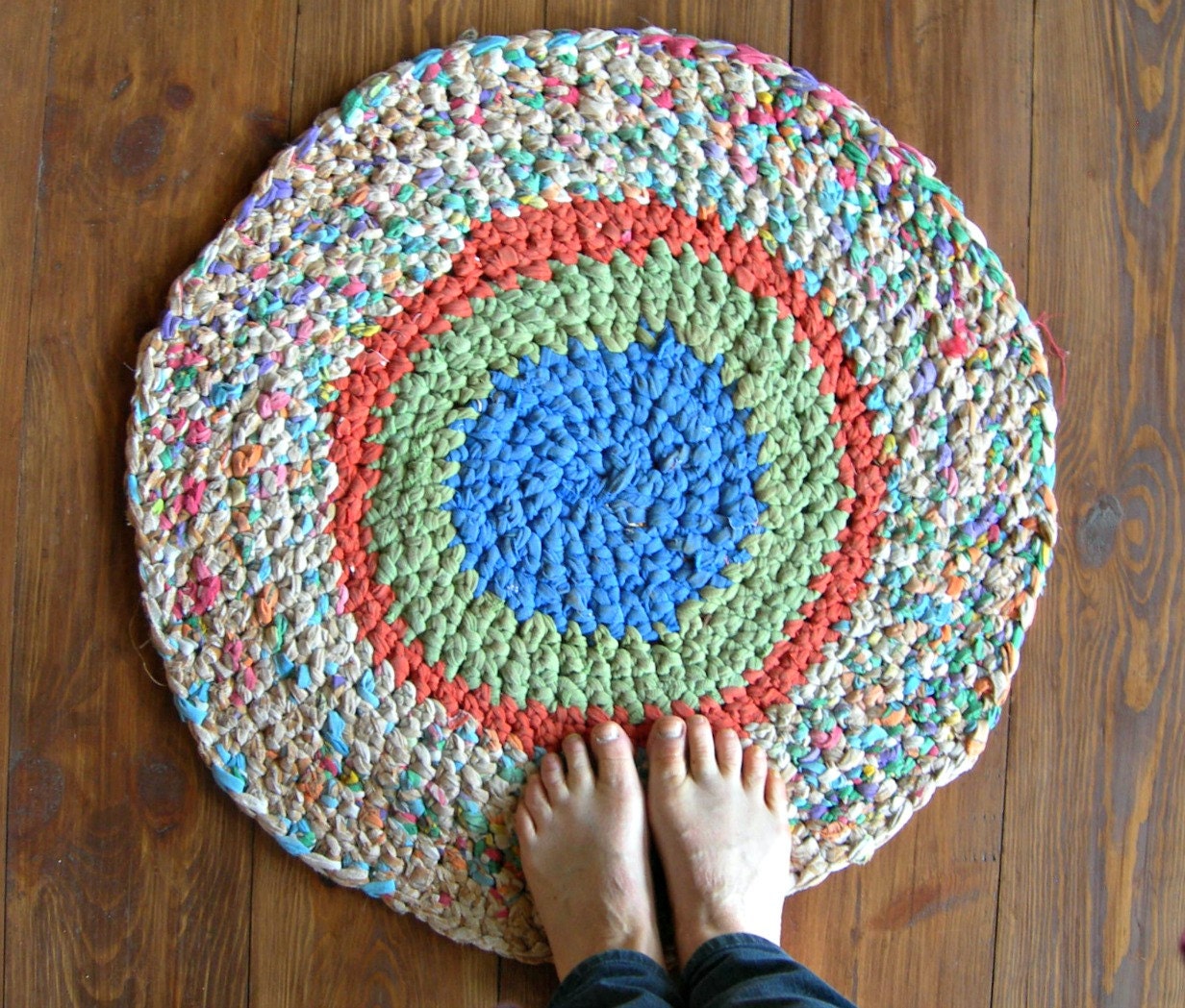 Crochet Rag Rug - Eco Friendly -Green, Blue Orange, Multicolor - Upcycled Textile - Boho Chic