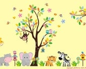 Tree Wall Decal with Giraffe, Elephant, Lion, Zebra, Monkeys - Nursery Wall Decal - Children Wall Decal - 474