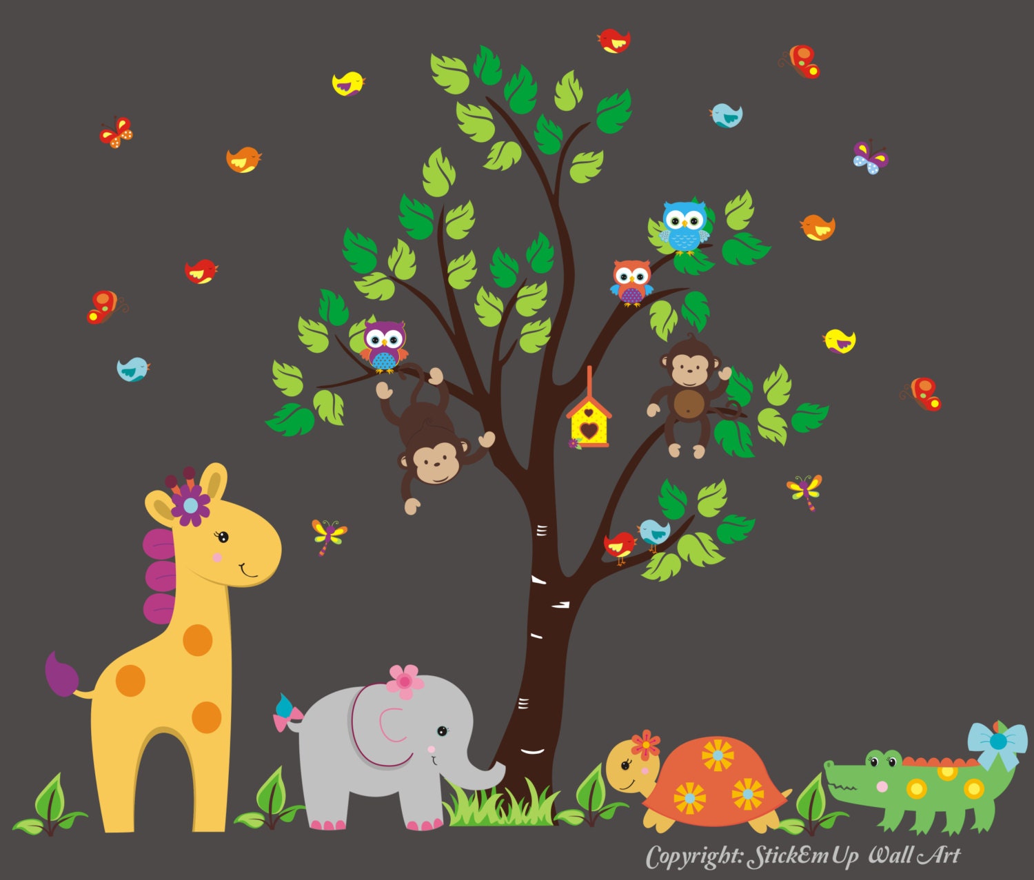 Nursery Wall Decal - Baby Wall Decal with Jungle Animals - Giraffe, Elephant, Turtle, Alligator, Monkeys - Children Wall Decals  - 481