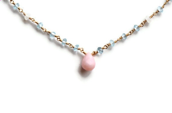 Mixed Gemstone Necklace, Pink Opal Pendant, Swiss Blue Topaz, Moonstone, Wire Wrapped 14k Gold Fill