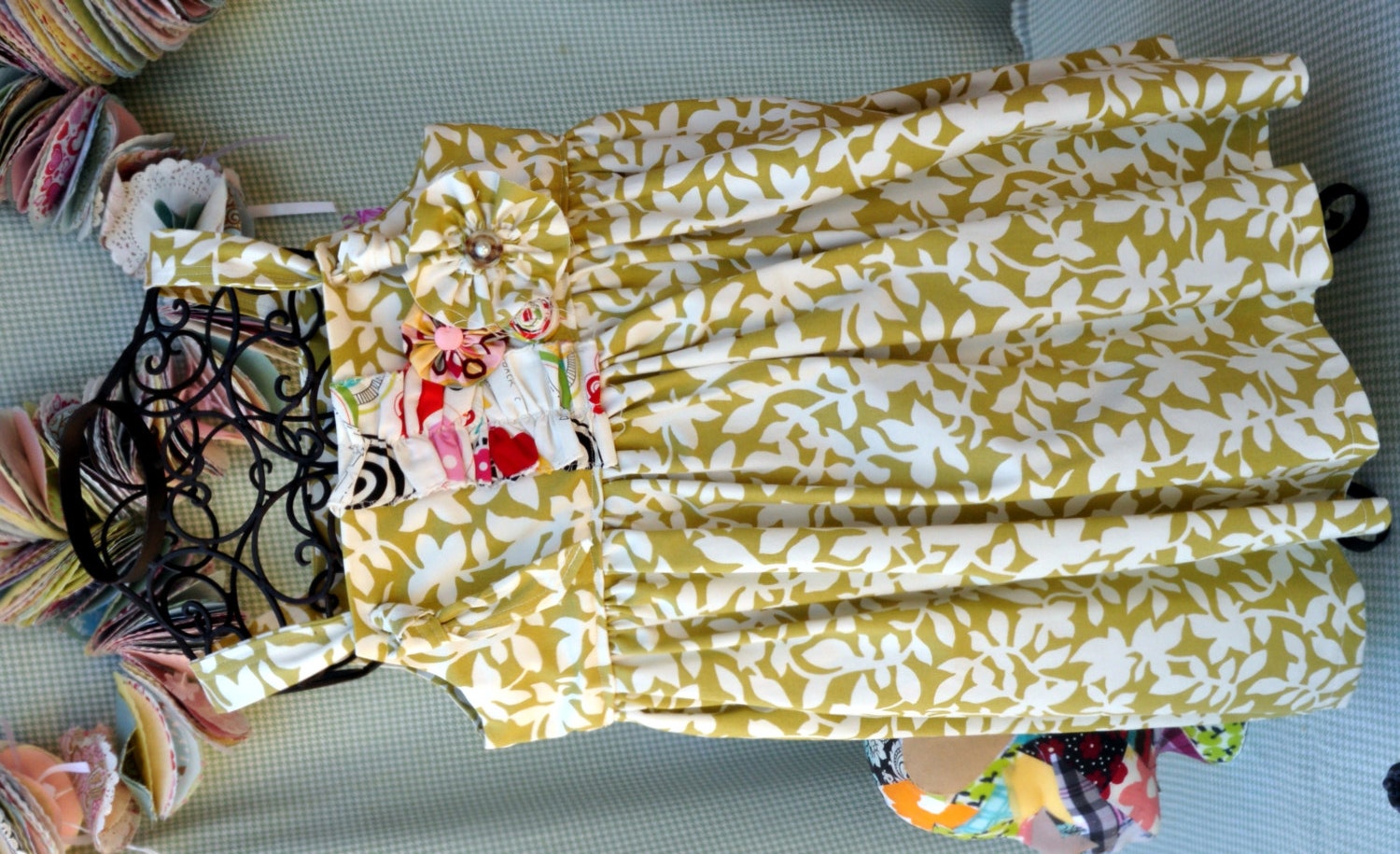 Floral green & white knot dress