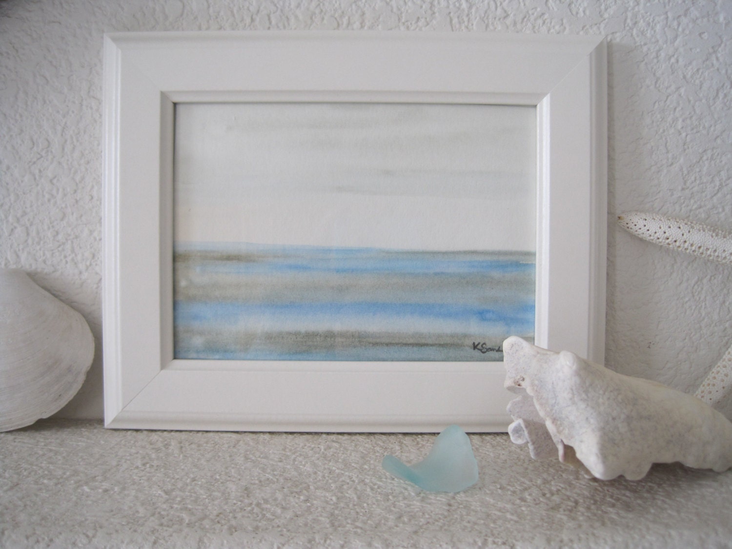 Original Watercolor 5x 7 Painting Of The Sea In Blues With White Frame Beach Home Decor