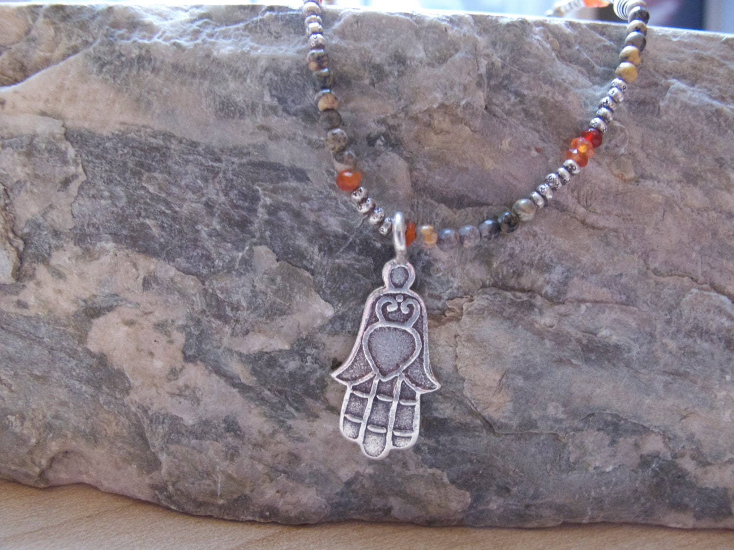 Silver, Carnelian & Jasper Hamsa necklace