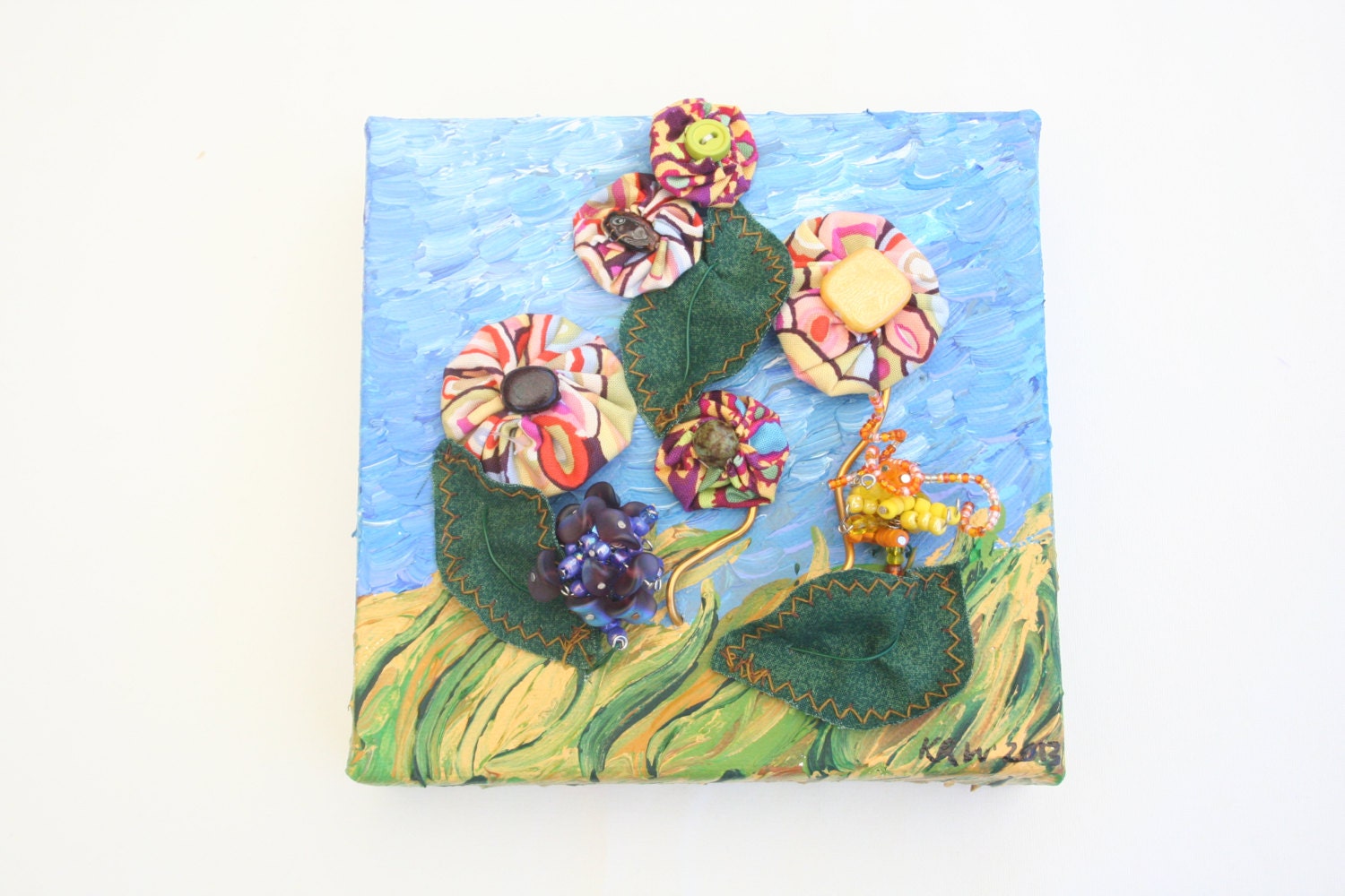 One of a Kind Mixed Media Acrylic Painting Beaded Fabric Flowers Spring Bloom - 6 x 6