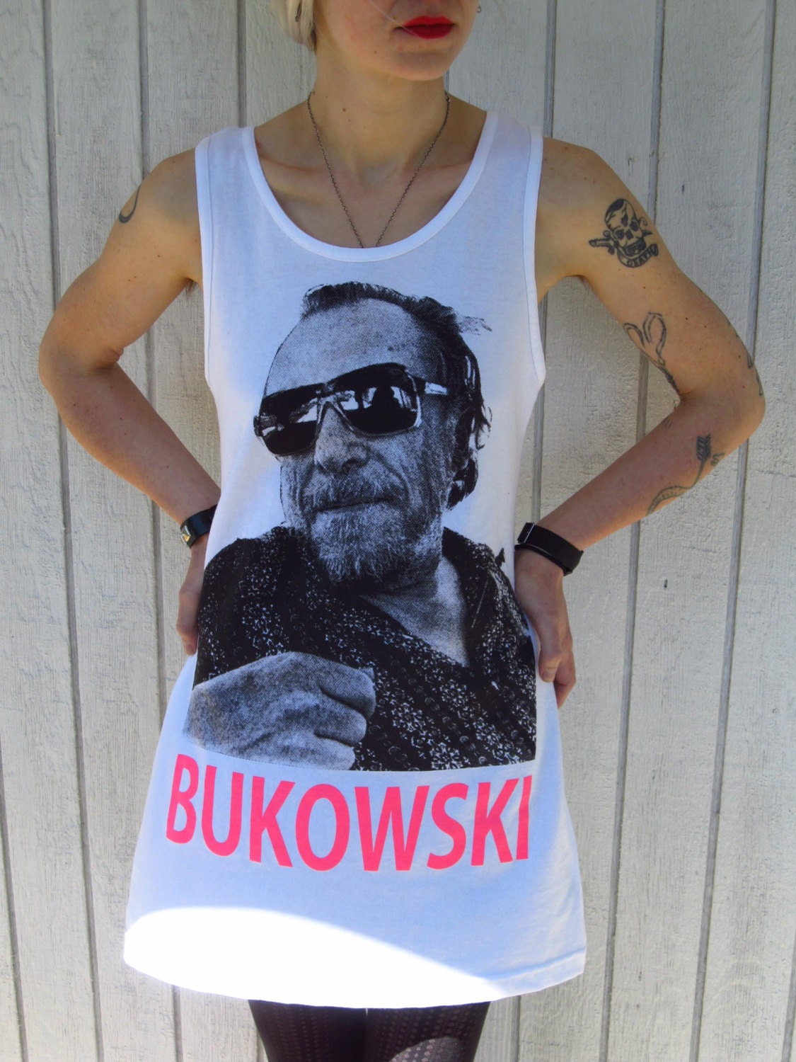 CHARLES BUKOWSKI with sunglasses T-shirt in Hot Pink Thigh Length Tank Top Handmade Summer Dress