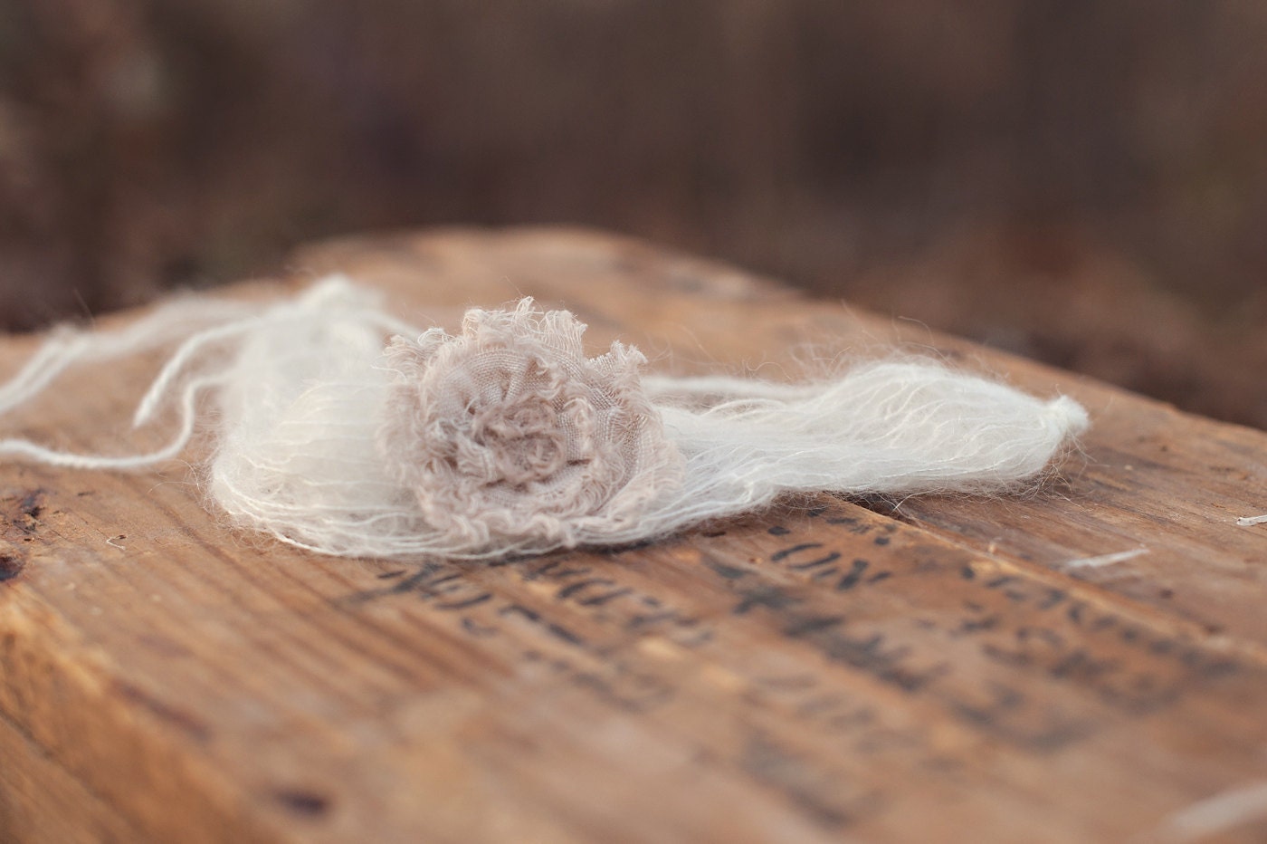 Newborn baby girl mohair headband with dainty flower in neutral linen tones with tie-backs --- sweet and unique for photos