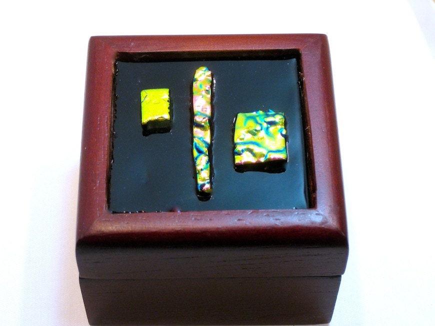Art Glass Top Wooden Keepsake Fused Gold Dichroic  Ring Box Home Decor