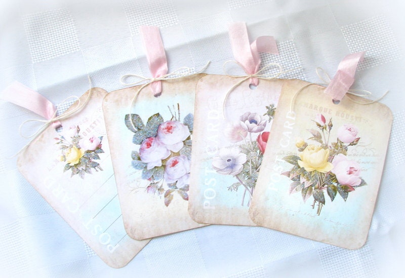 4 Handmade Pastel  Shabby Vintage Style Belle Fleur Botanical Tags - Flowers, Butterfly