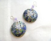 Handmade and handpainted Monet inspired water lillies pond earrings, silver plated wire and hooks