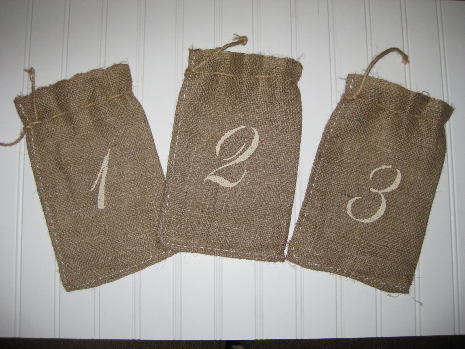 18 TABLE NUMBER Burlap Bags PACKAGE - Script Font 1-18 -Custom Colors. 6x10" Fits Wine bottle or flower vase. French Country Wedding Decor.