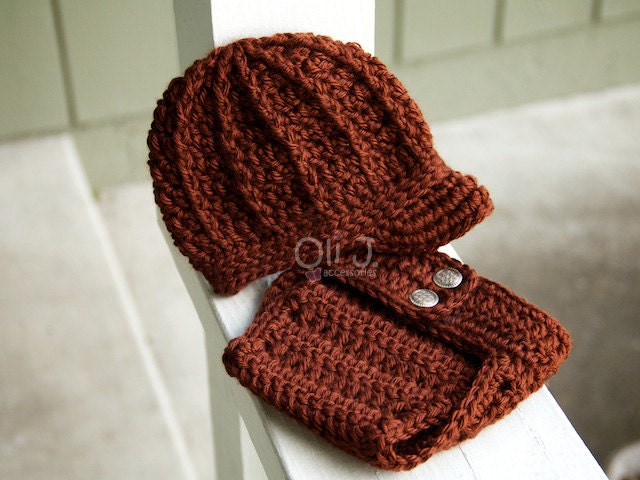 SALE SALE SALE Read-to-Ship Boy's Brimmed Beanie and Diaper Cover Photo Prop Set - Brown Newborn size