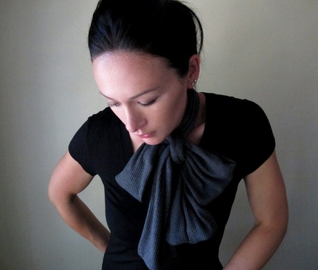 Charcoal Grey Neck Bow - Womens Hair Accessory, Head Scarf, Hair Wrap - Sash - Gray Sweater Scarf