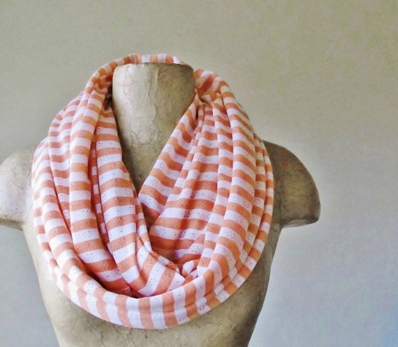 Coral Striped Infinity Scarf - Peach and White Stripes - Eyelet Jersey Circle Scarf - Loop Scarf, Eternity Scarf