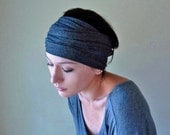 Grey Head Scarf  - All In One Charcoal Gray Neck Bow, Ascot, Hair Wrap, Headband - Jersey Scarf