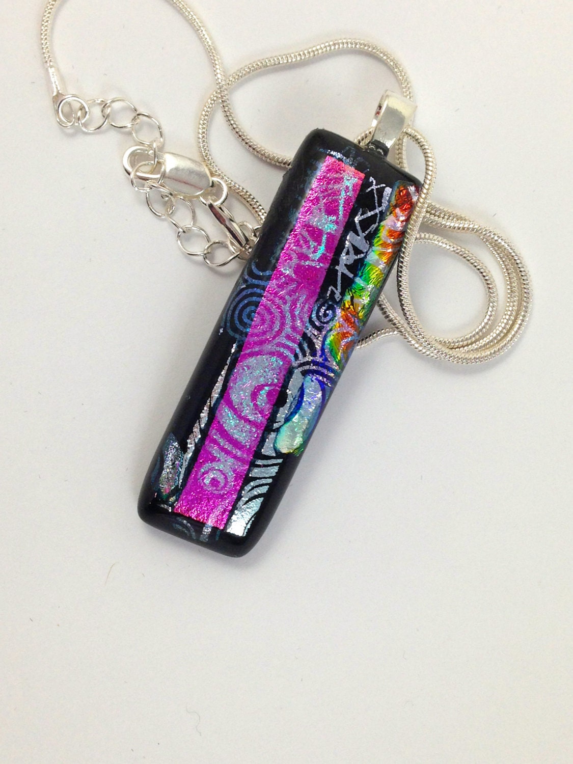 Fused Glass Dichroic  Necklace  Statement Jewelry Pink Silver Green Orange 075