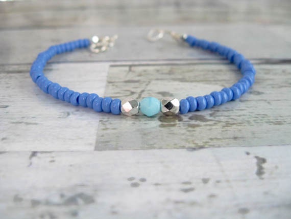 Periwinkle/Silver/Light Blue Beaded Bracelet