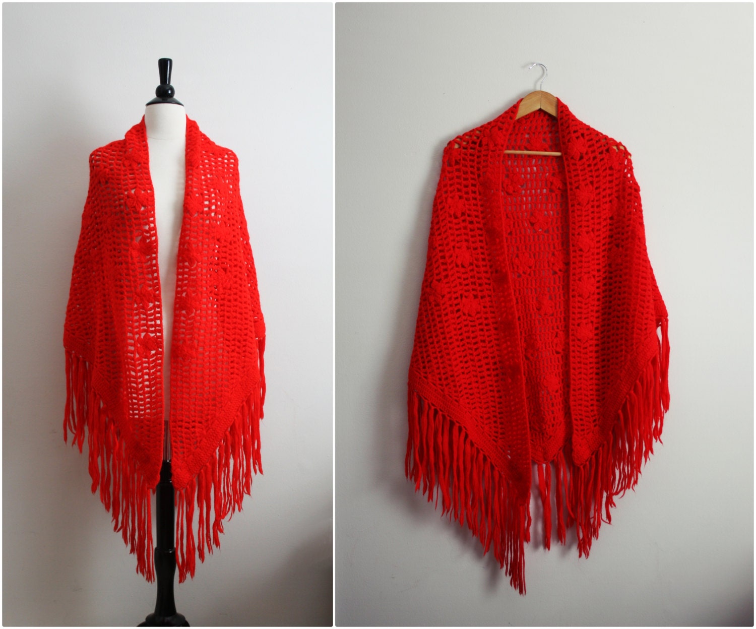 Vintage 70s Red Crocheted Fringe Bohemian Poncho/ Wrap / Shawl/ Ruana/  One size.
