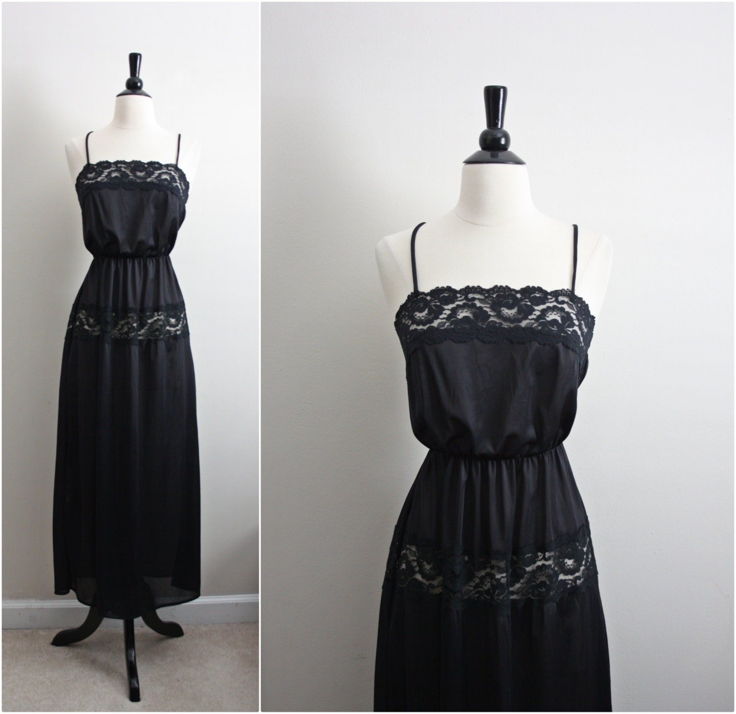 Vintage 70's Nightgown black lace Slip Dress. Full Slip. Size S/M/L