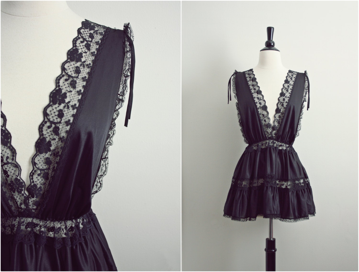 Vintage 60s Black Nylon Lace Mini Slip Dress. Size M/L