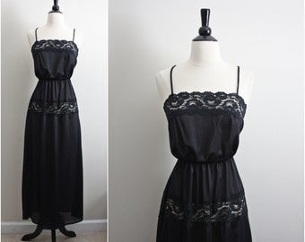 Vintage 70's Nightgown black lace Slip Dress. Full Slip. Size S/M/L