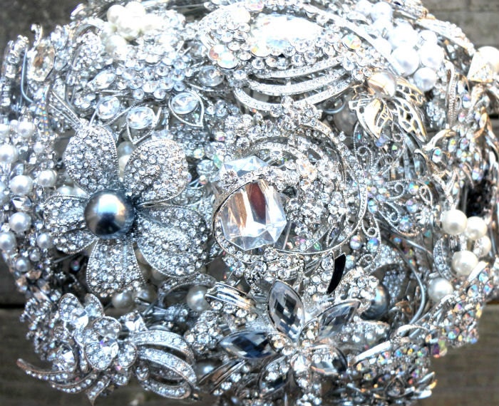 X-Large Crystal, Silver & Pearl Wedding Brooch Bouquet with Fleur de Lys