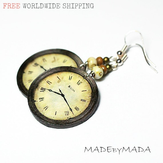 Clock Earrings Earth tones Brown Ecru Beige, Free Shipping, 2-sided Medium size 3cm Ø, gift for her under 20