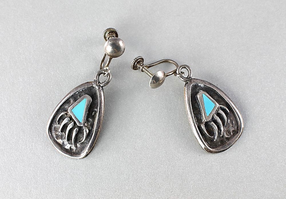 Vintage Sterling silver Turquoise Bear Claw Earrings Native American