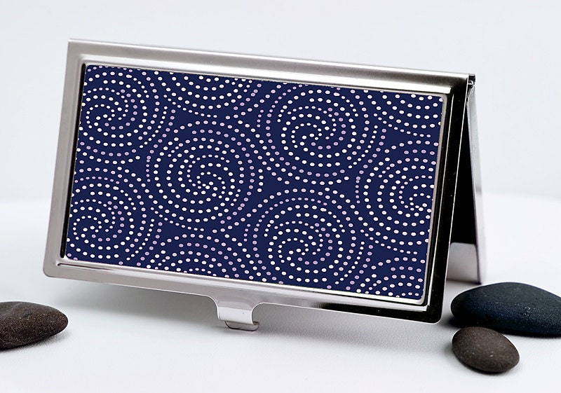 Handmade Business Card Case, Starlight Swirl Design in Navy Blue and White Dots, Retro Credit Card Case Men or Women's Accessory