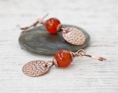 Fire Agate Copper Dangle Earrings, Orange Gemstone Drop Earring, Earthy Copper Bohemian Jewelry, Copper Jewelry