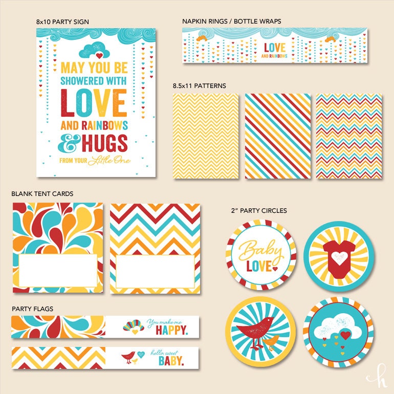 Instant Download - Retro Rainbow Baby Shower - "Hostess Essentials" PRINTABLE Party Collection