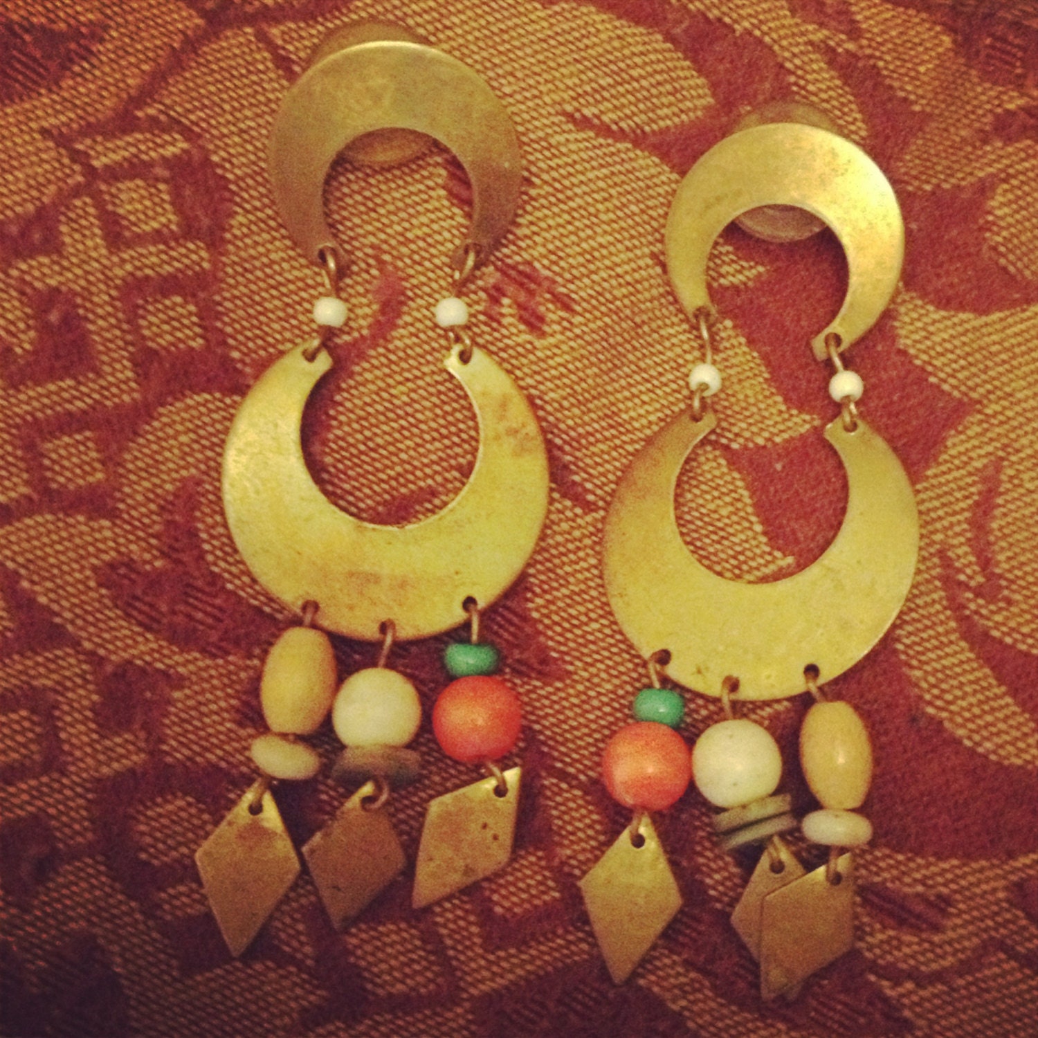 Unique Vintage Tarnished Metal and Bead Earrings
