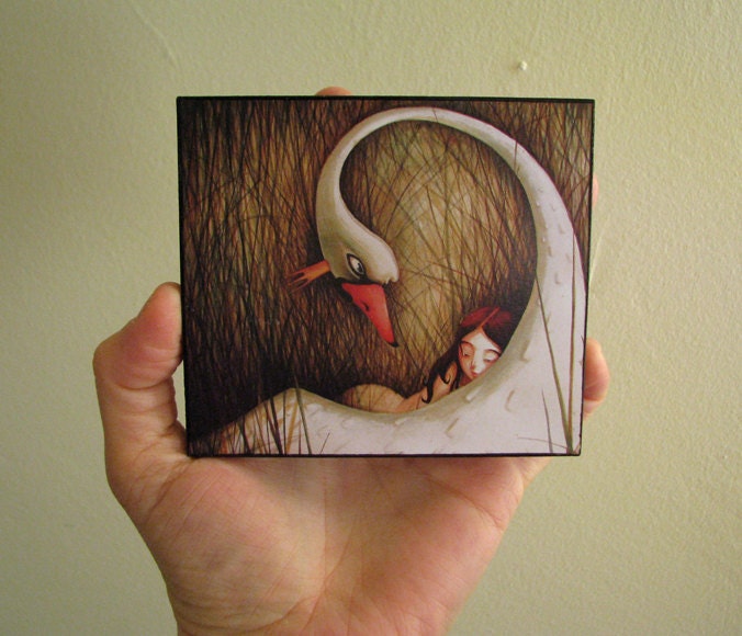 Leda and the swan ACEO- woodblock-print of original painting- wall decor-love art print-watercolor