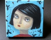 Blue eyed girl with strawberries-Original painting on canvas-Tiny canvas-Acrylic painting original