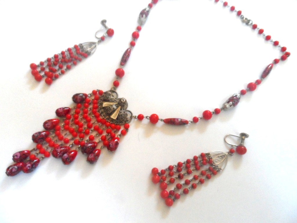1940s Filigree and Czech Glass set