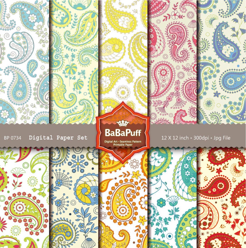 10 Paisley Pattern Digital Papers Clip Art, Print Papers at Home DIY --- Personal and Small Commercial Use. BP 0734