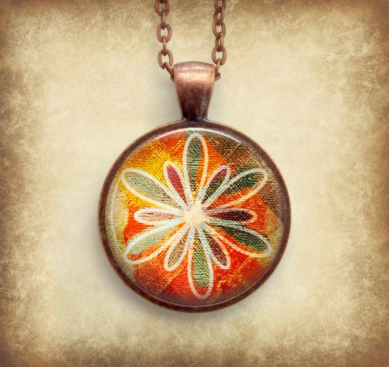 Repro Fabric Necklace Orange Green Glass Dome Art Picture Pendant Photo Pendant Handcrafted Jewelry by Lizabettas