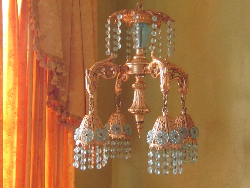 Chandelier, Aqua and Gold Gilt Filigree